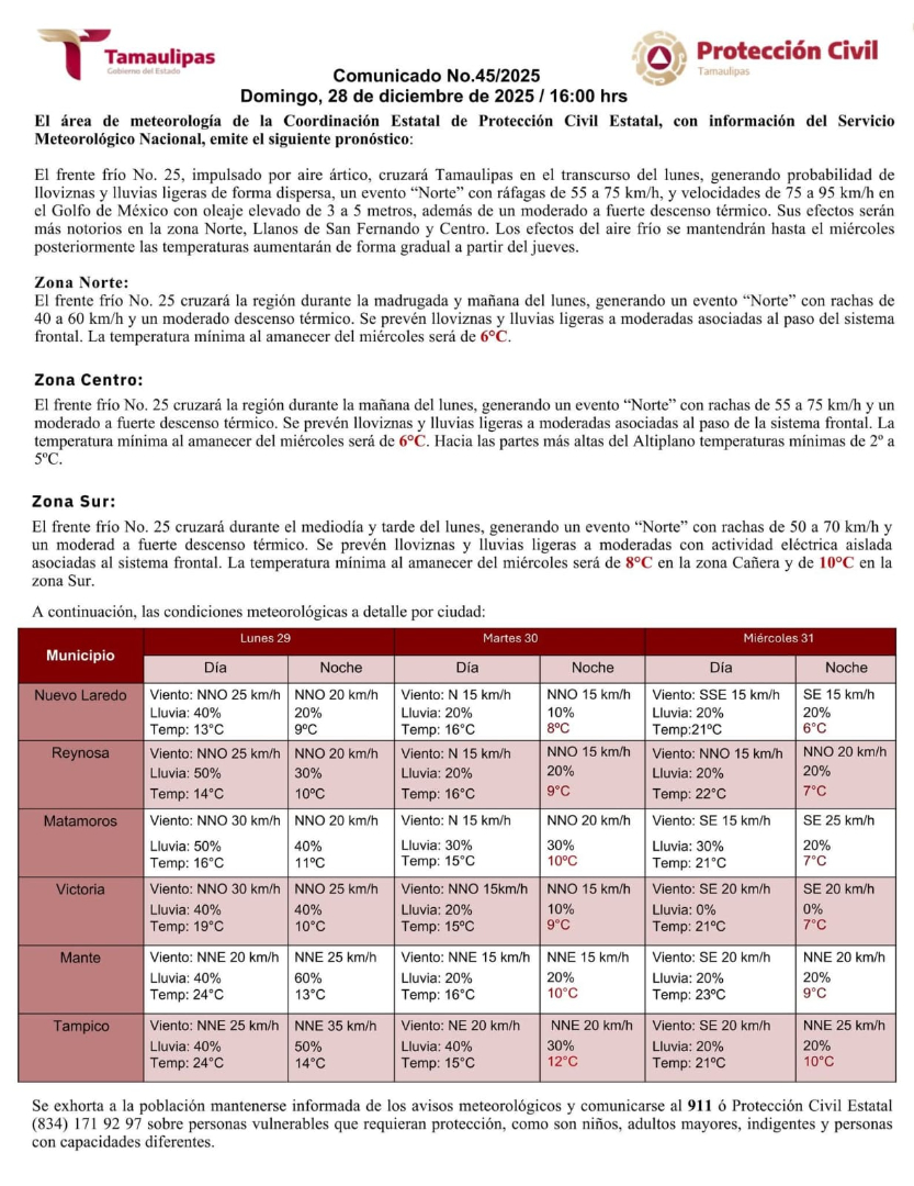 Alerta en Tamaulipas por frente frío